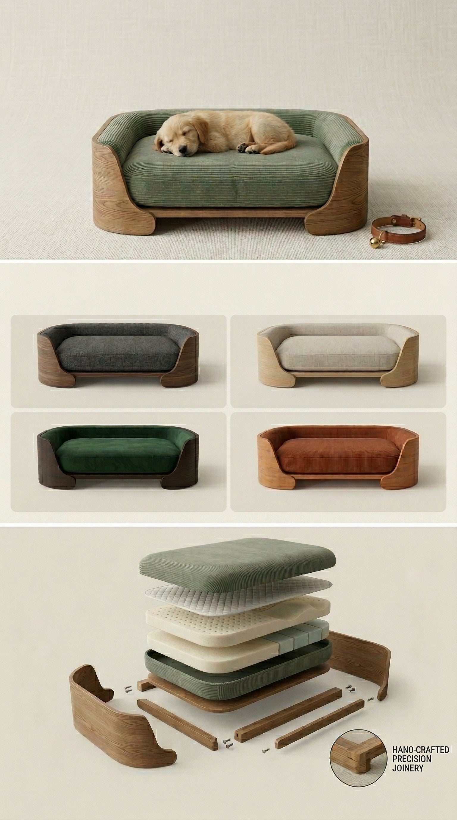 The Napper Sofa — dog, colorways, and exploded view