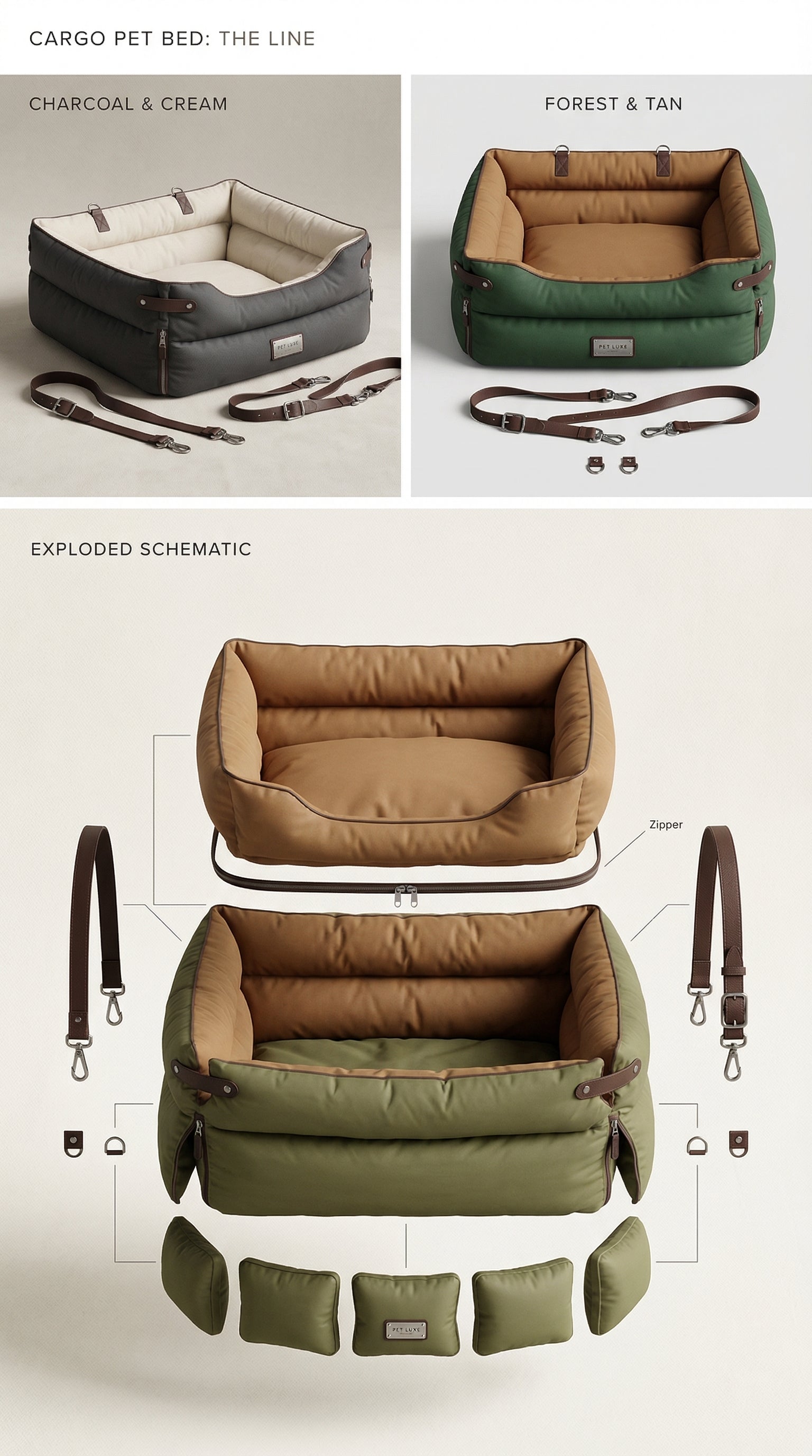 Cargo Bed — color variants and exploded schematic