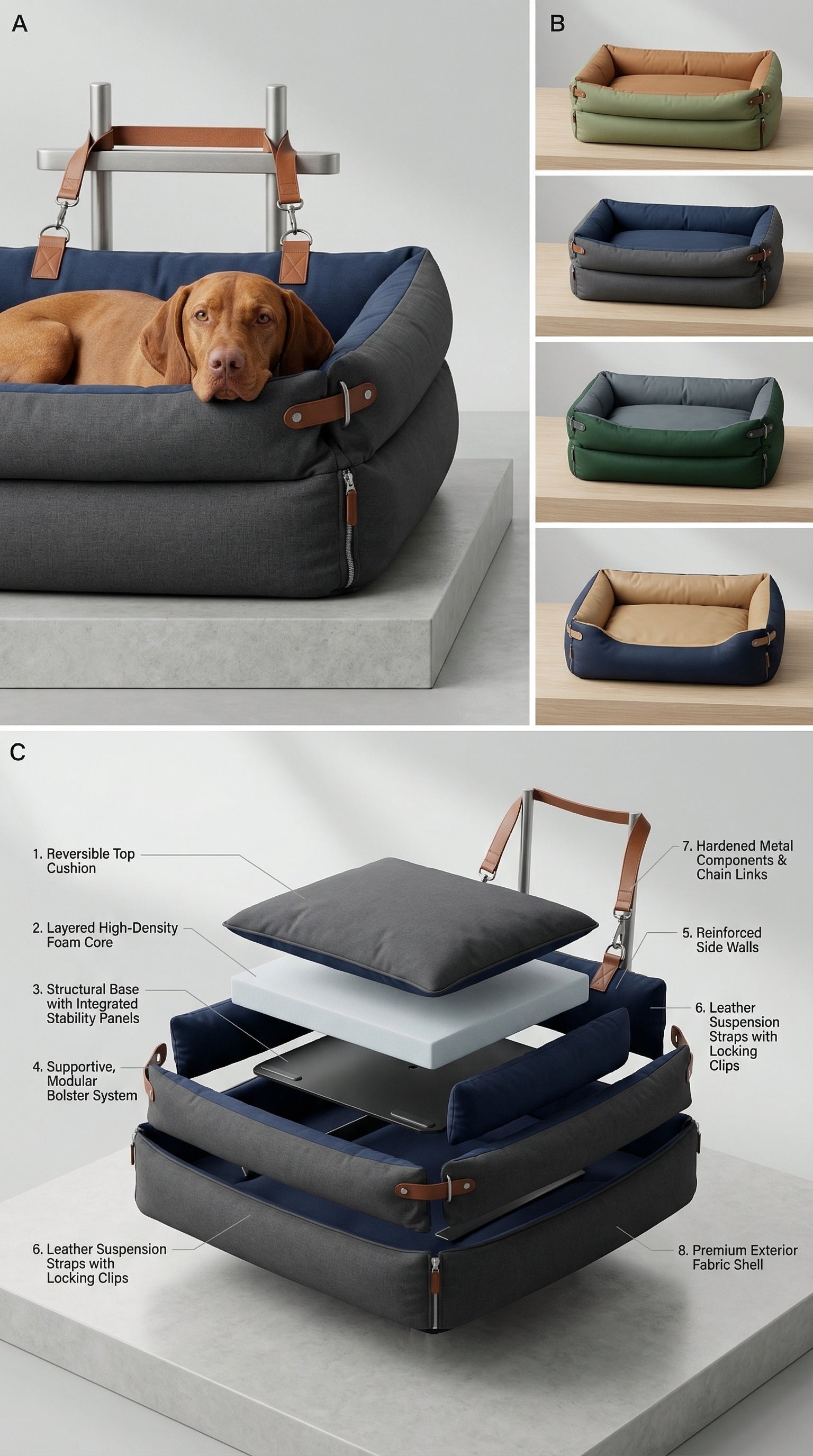 Cargo Bed — dog, colorways, engineering diagram