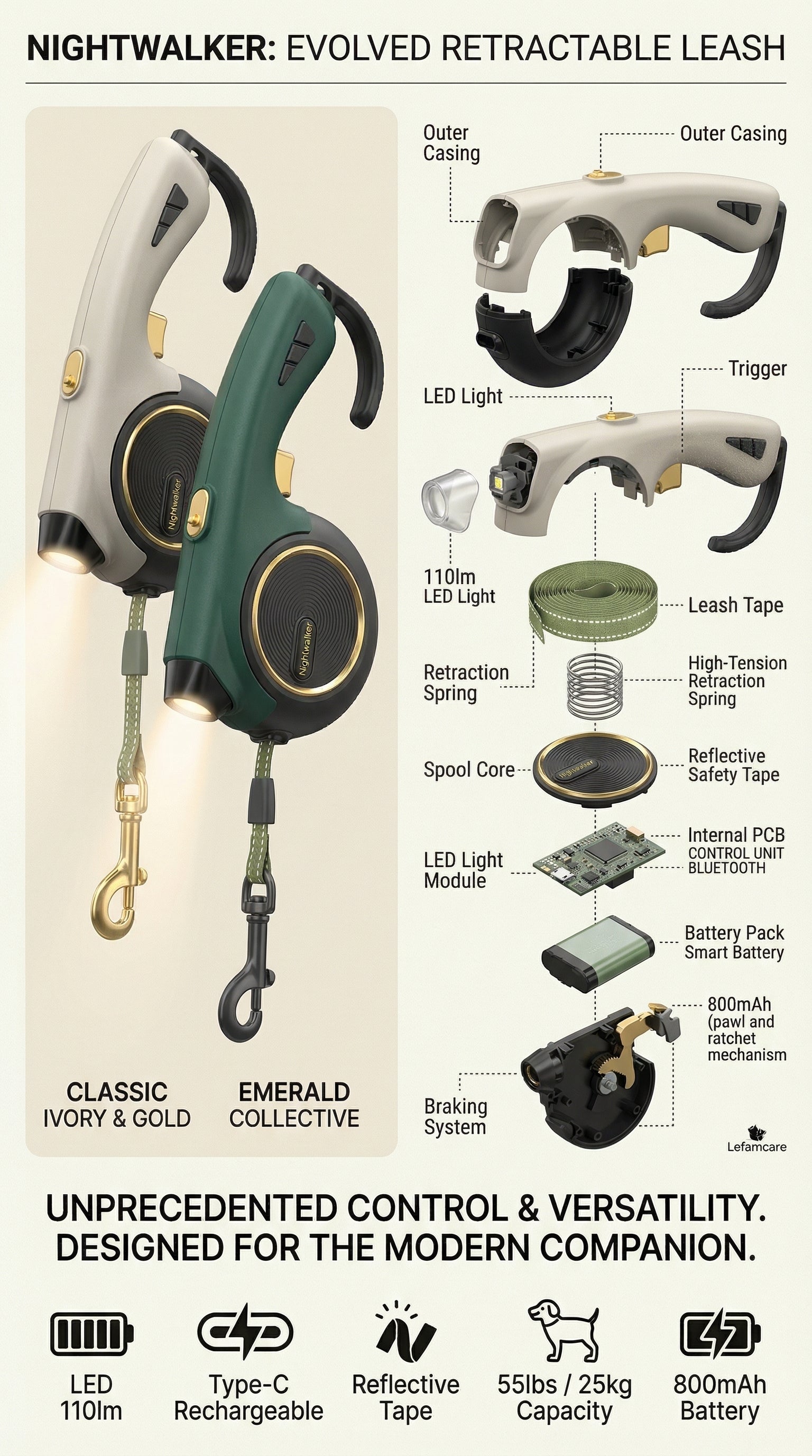 Nightwalker Leash — evolved retractable, LED, GPS, exploded