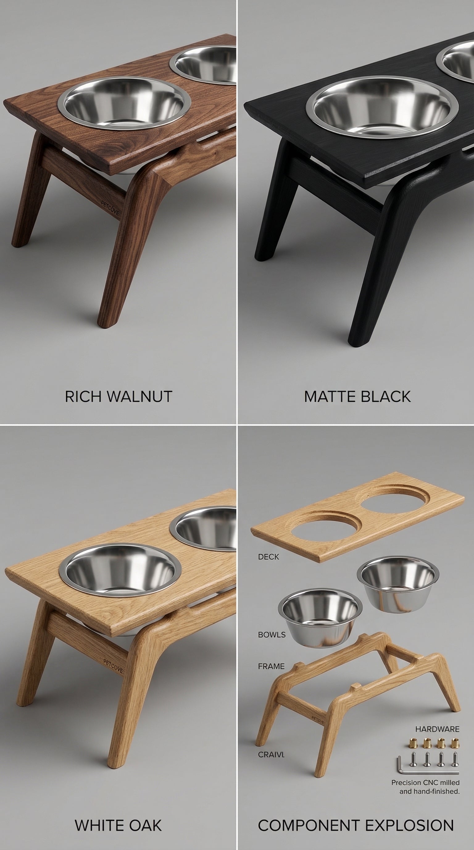 Walnut Dining Stand — colorways and component view